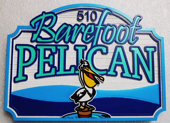 L21628 - Carved Seashore Home Address And Name Sign , "The Barefoot Pelican", with  the Ocean and  Comical Pelican as Art. 