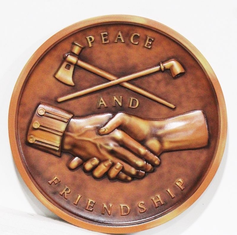 ZP-1183 - Carved 3-D Broze-Plated Plaque of the Emblem of Peace and Friendship for Native Americans