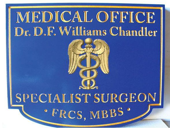 B11019A - Specialist Surgeon Medical Office Sign with 24K Gold Leaf Gilt Text and Borders and 3D Medical Caduceus