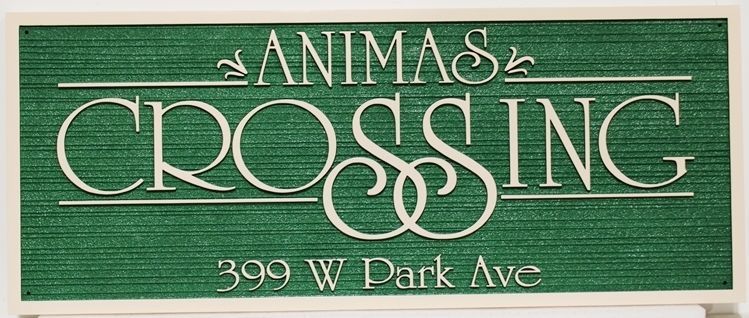 O24646 - Carved and Sandblasted Wood Grain  2.5-D multi-level relief HDU  Sign  "Animas Crossing". 