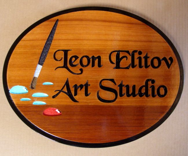 SA28411 - Engraved Cedar Wood Sign for  "Leon Elitov Art Studio" with Paint Brush and Paint as Artwork