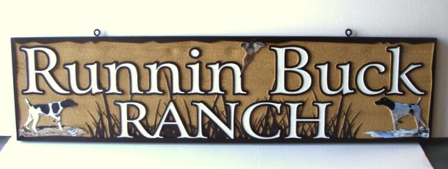 M22648 - Carved HDU Sign for Running Buck Ranch with Pheasant and Hunting Dogs