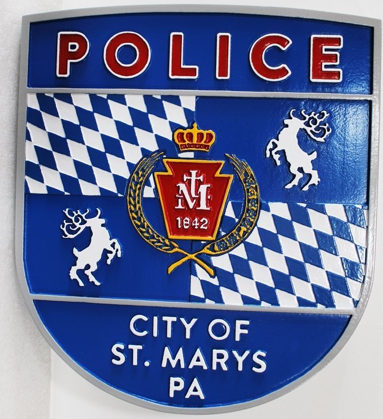 PP-2418 -  Carved 2.5-D Multi-Level HDU Plaque of the Shoulder Patch of a Police Officer of the City of St. Marys Pennsylvania