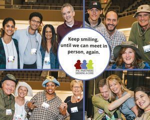 This graphic features four photos of groups of smiling people from a PSC Partners Conference. In the middle, it says Keep smiling until we can meet, again, in person.