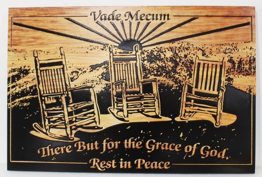 ZP-5024 - “Vade Mecum” Three Rocking Chairs Memorial Plaque in Carved Mahogany Wood
