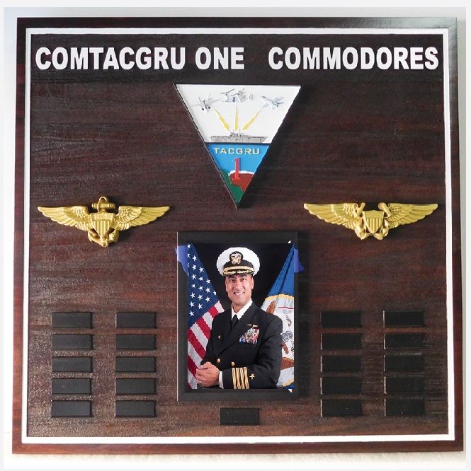 JP-1500 - Carved Commodores Command Board  for Navy COMTACGRU ONE,   Stained Cedar with Photo and  3-D Badges  