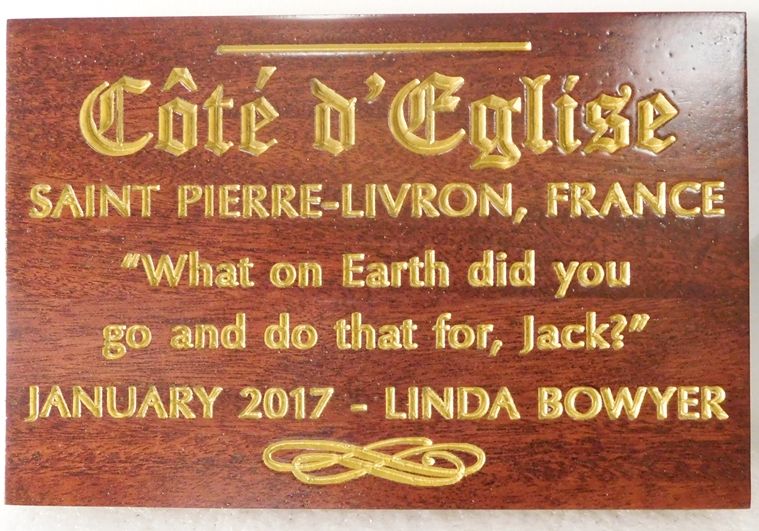 ZP-4040 - Memorial Wall Plaque for  "Cote d'Eglise", Mahogany with Engraved Text Gilded with 24K Gold Leaf