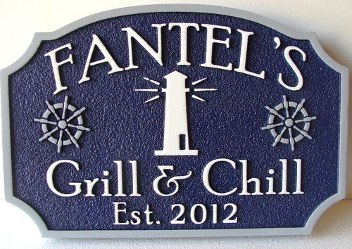 Q25150 - Carved HDU (Wood Also Avail) Waterfront Grill and Chills Restaurant Sign with Carved Lighthouse and Ship's Helms