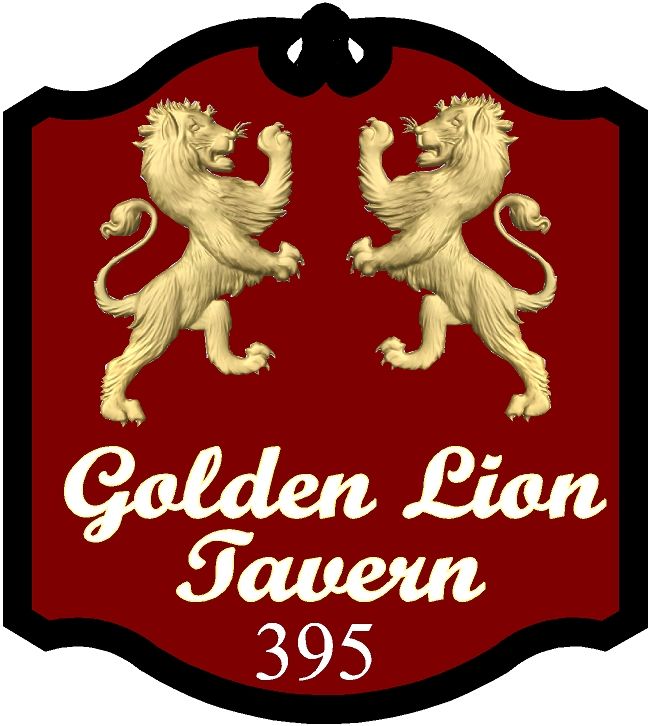 RB27640 - Carved English Pub Sign for "The Golden Lion Tavern" Sign, with Two Rampant 24K Gold-leaf Gilded Lions