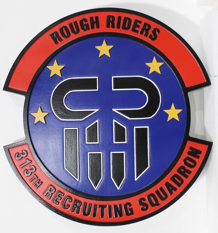 LP-8705 - Carved 2.5-D Multi-Level Raised Relief HDU Plaque of the Crest of the USAF 313th Recruiting Squadron, "Rough Riders" 