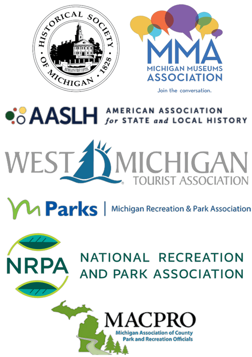 Image of Historic Charlton Park's professional affiliations: Historical Society of Michigan, Michigan Museums Association, American Association for State and Local History, West Michigan Tourist Association, Michigan Parks and Recreation Association, Nati