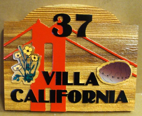 I18948 - Carved Cedar Property Name and Address Sign, "Villa California", with Golden Gate Bridge and Flowers