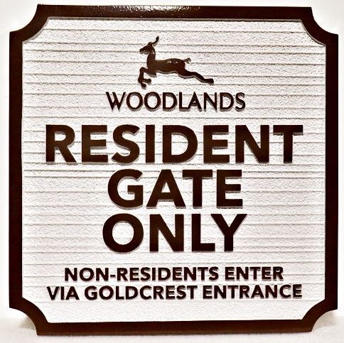 KA20724 - Carved and Sandblasted HDU Caution Sign for "Resident Gate Only" Entrance with Deer Artwork