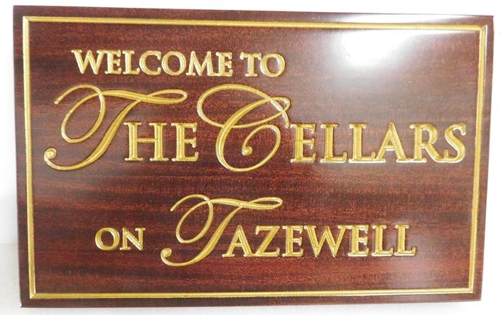 R27029 - Elegant African Mahogany Wall  Plaque for a Wine Cellar, with 24K Gold Leaf Gilded Text