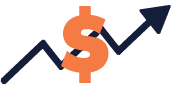 Illustration representing financial growth - orange dollar sign and navy arrow pointing up in a zig-zag pattern 