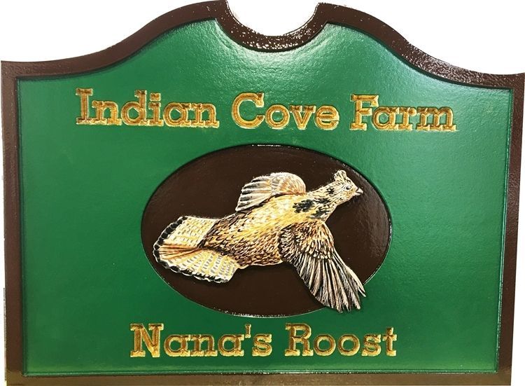 O24631 - Carved 2.5-D  Raised &  Engraved  HDU  Sign for the Indian Cove Farm,  "Nana's Roost", with Artist-Painted Pheasant and 24K Gold Leaf Gilded Text 