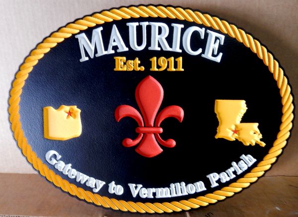 DP-1650 - Carved Plaque of the Seal of the City of Maurice, Louisiana,  Artist Painted