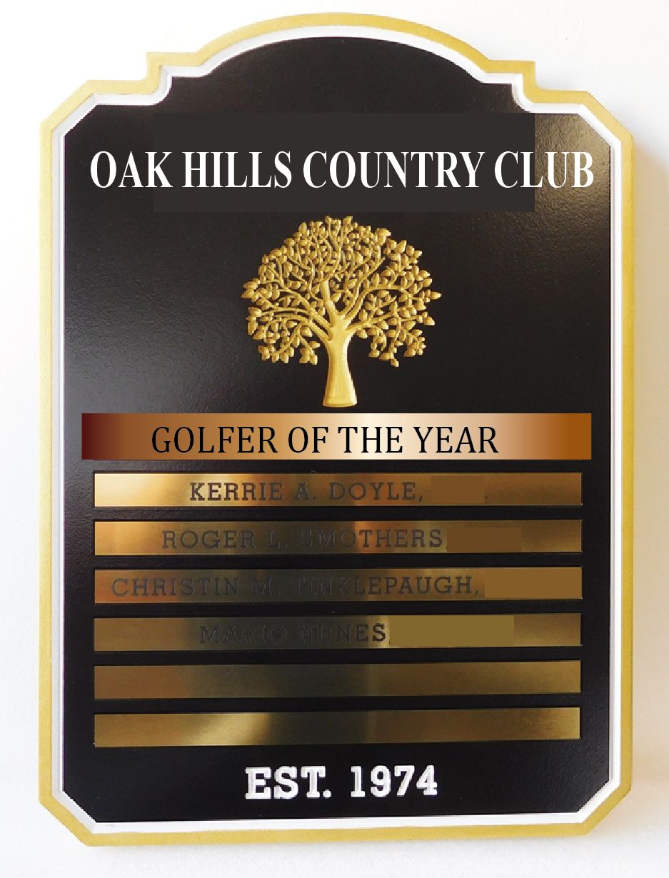 WP-3040 - Carved Perpetual Plaque  for  Country Club Golfer of the Year,  High-Density-Urethane with  Brass Nameplates
