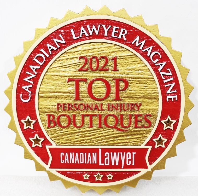 SB1322 - Carved High-Density-Urethane Round Award  Plaque for a  Top Personal Injury Boutique Canadian Law Firms 