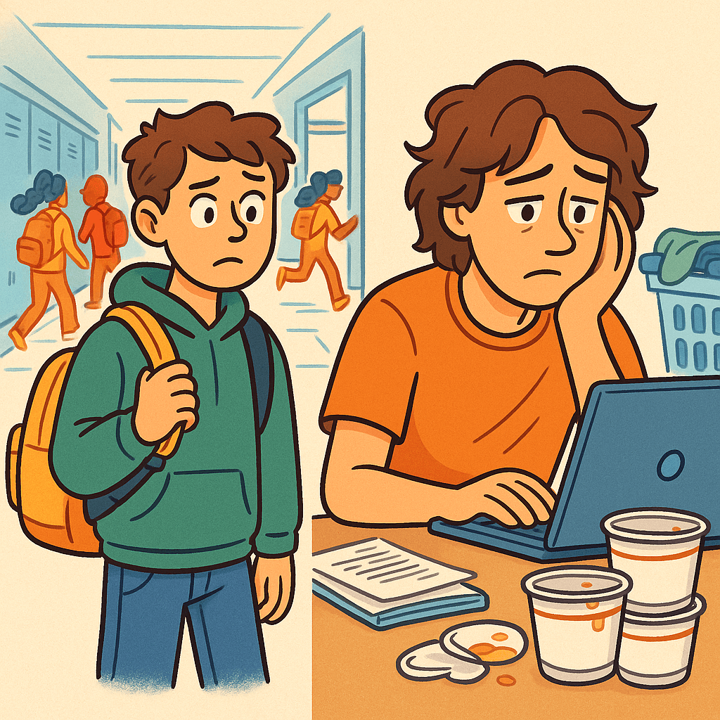 Cartoon of a teenager with a backpack standing in front of a chaotic school hallway, while a college student stares at a laptop with a stack of laundry and empty ramen cups in the background.