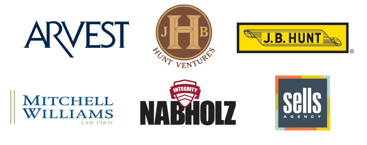 logos for Arvest Bank, Hunt Ventures, J.B. Hunt, Mitchell Williams Law Firm, Nabholz Construction and the Sells Agency