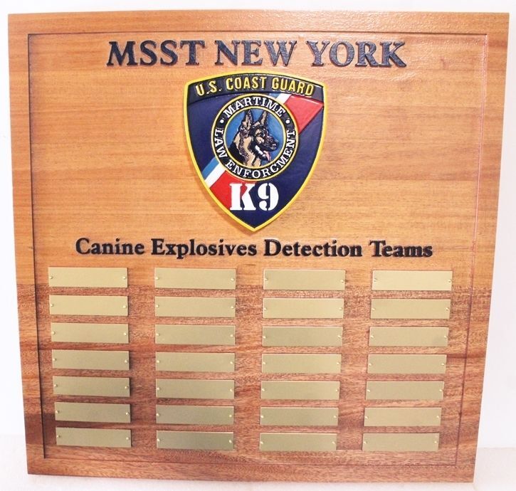 NP-2787 - Carved Mahogany Team Member Board for  Coast Guard MSST New York Canine (K-9) Explosive Detection Unit 