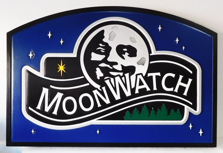 M22037 - Carved Property Name Sign for "Moonwatch" Mountain Home, features a Smiling Moon and Trees as Artwork.