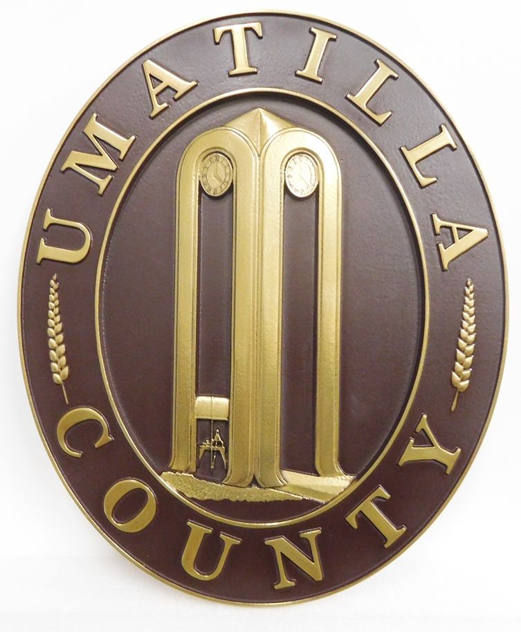 X33387 - Carved Brass Wall-Plaque for Umatillo County, Oregon featuring its Seal/Logo