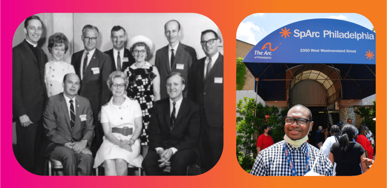 Black and white group photo of founding members of The Arc of Philadelphia and a modern photo of a program participant enjoying water ice on a hot summer day