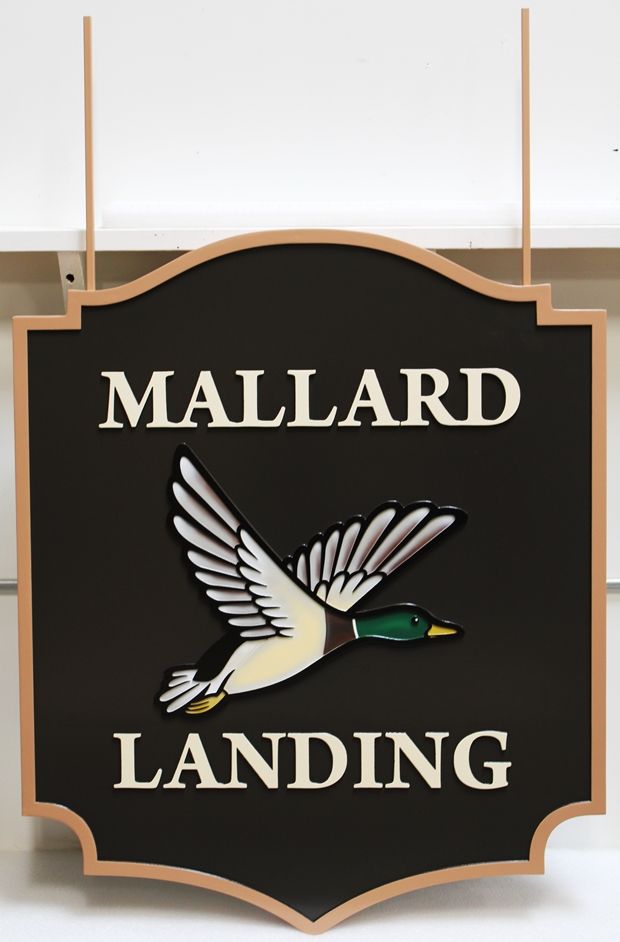 M22720 - Carved  High-Density-Urethane  (HDU) Cabin Sign "Mallard Landing" with a Duck Landing in the Water as Artwork. 