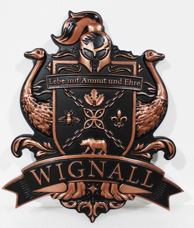 XP-1007 - Carved 3-D Bas-Relief Bronze-plated Plaque of theCoat-of-Arms for the Wignall Family with  a Shield, a Helmet, Two Geese  and a Bear 