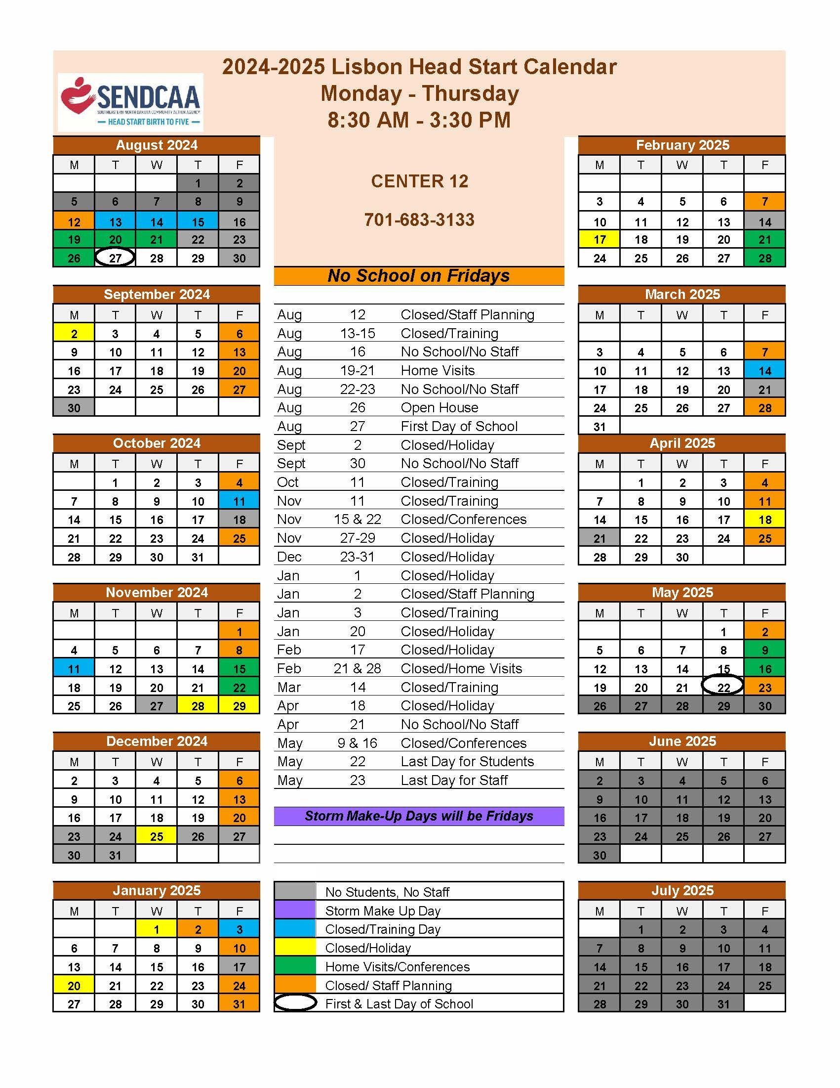 2024-2025 Head Start Lisbon Calendar