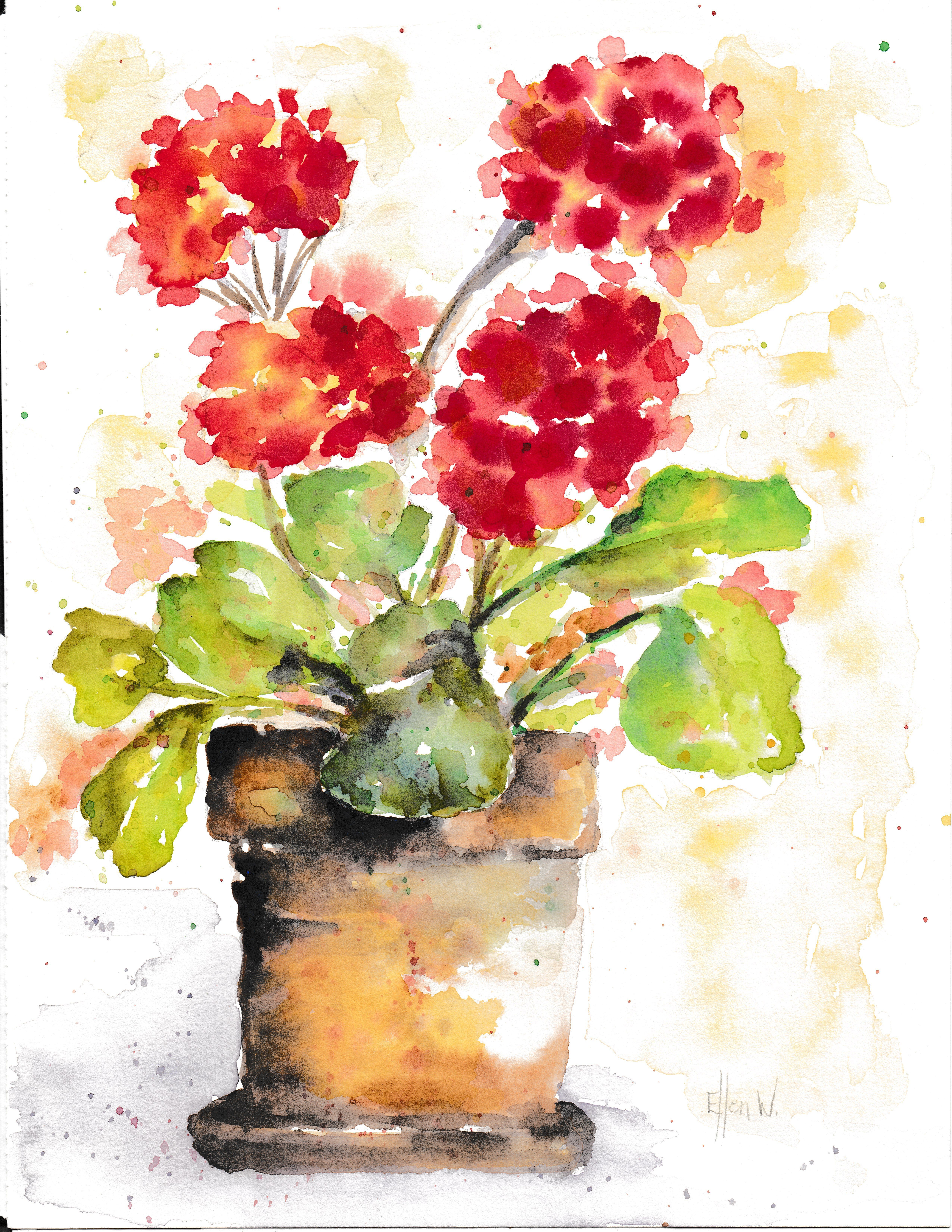 Clay flower pot contains red geraniums with green leaves.