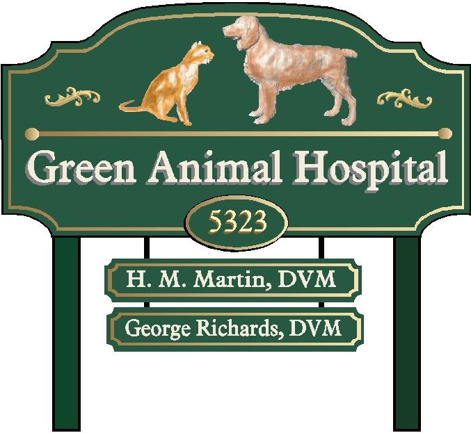BB11745 - Animal Hospital Carved Address Sign with Posts and Hanging Trailer Signs