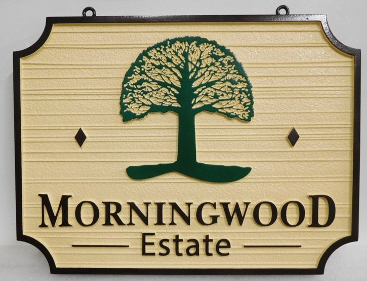 I18319 - Carved and Sandblasted  2.5-D Property Address  Sign, for the Morningwood Estate,  with Stylized Tree as Artwork 