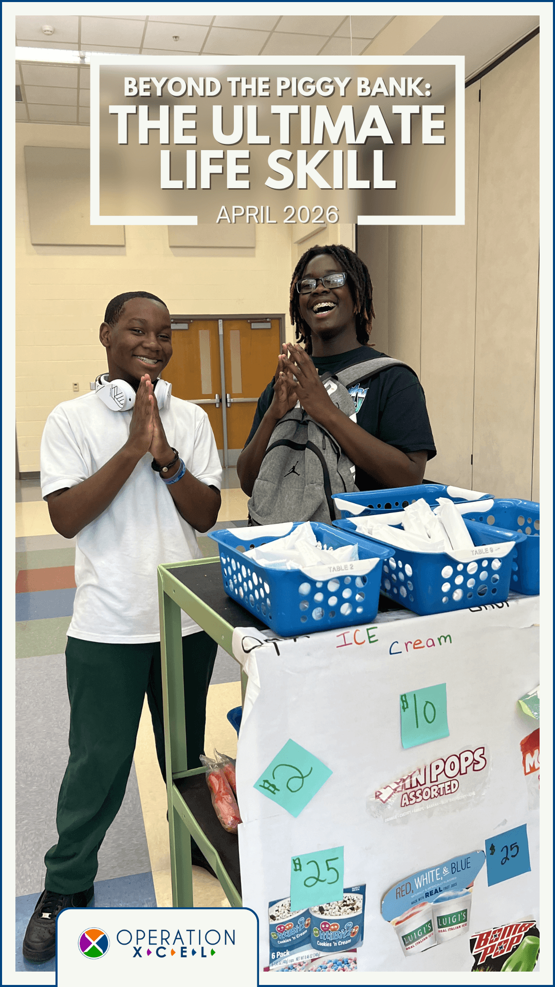 Two Operation Homework students standing behind the cart where students can select items to purchase using the dollars they earned during the week.