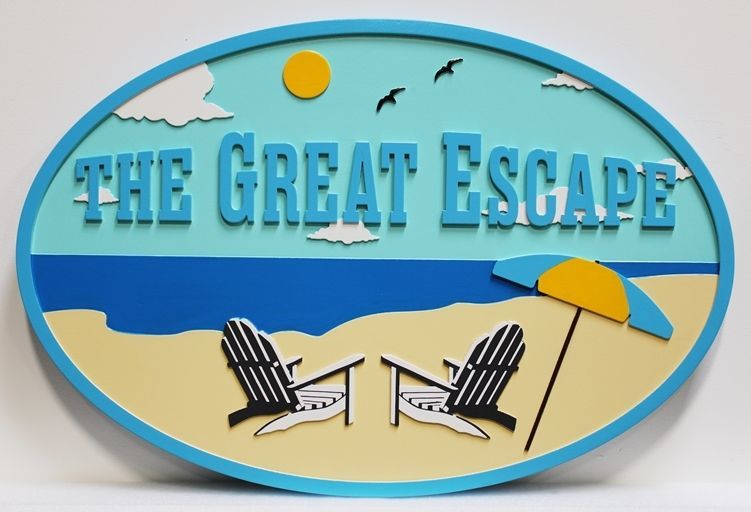 L21009 -  Carved  2.5-D Multi-level relief beach house name Sign "The Great Escape ", with  Two Empty Beach Chairs and an Umbrella as Artwork 