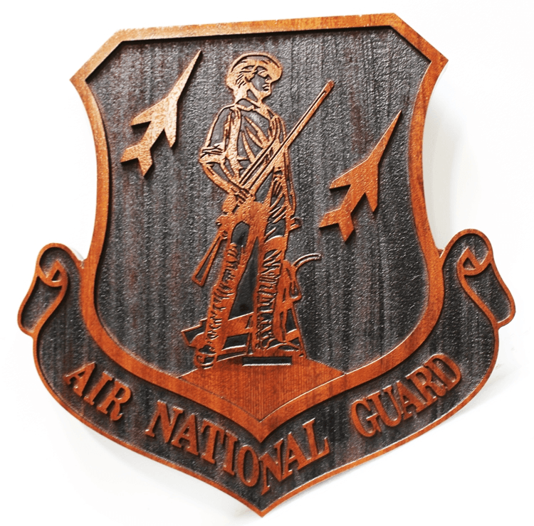 LP-1786 - Carved 2.5-D raised Relief and Sandblasted Mahogany Plaque of the Shield Crest of the Air National Guard