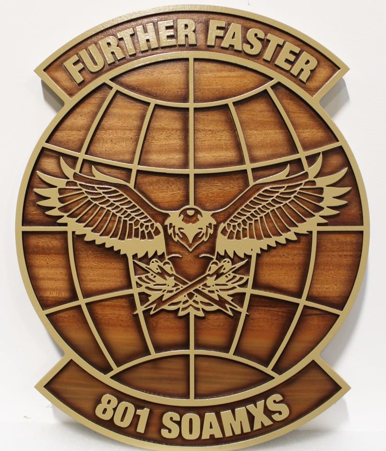LP--3978 - Carved 2.5-D Multi-Level Raised Relief Mahogany Plaque of the Crest of the 801 Special Operations Aircraft Maintenance Squadron (801 SOAMXS),"Further Faster"