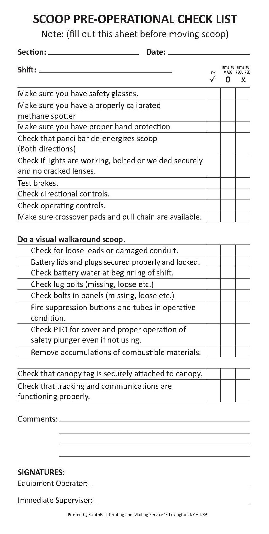 Scoop Pre-Op Check List