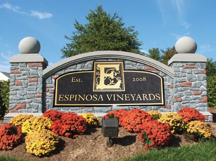 M6742 -  -Custom Vineyard Monument Sign, with Faux STone Facade, Pillars, and Gold-Leaf Gilded Texr and Artwork