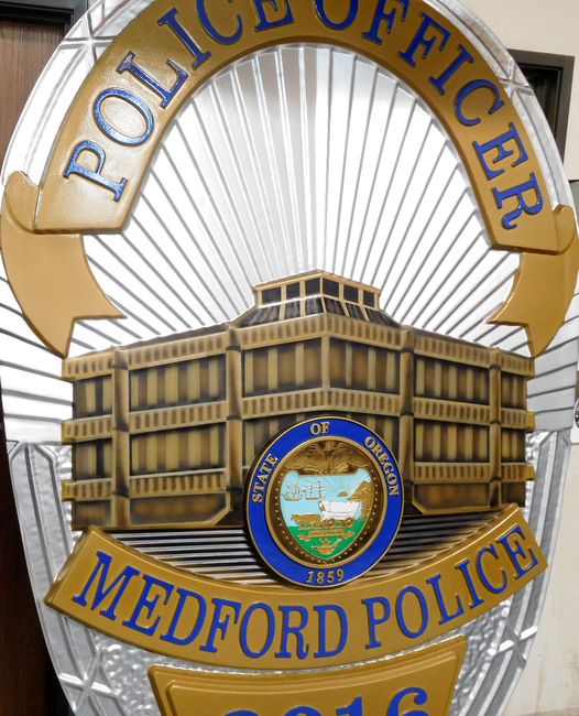 PP-1260 - Large Carved Wall Plaque of the Police  Badge of  the City of Medford, Oregon, Artist Painted