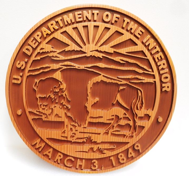 AP-5640- Carved Plaque of the Seal of the Department of the Interior,  2.5-D Outline Relief Artist Painted in Two Colors 