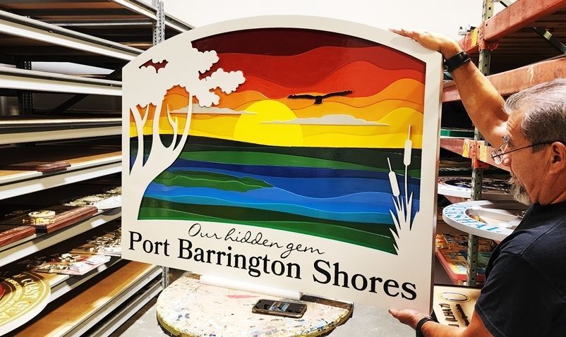 M22379 -  Carved 2.5-D HDU Property Name Sign "Port Barrington Shores, with Artwork featuring Stylized Scene of an Ocean Sunset , with Trees