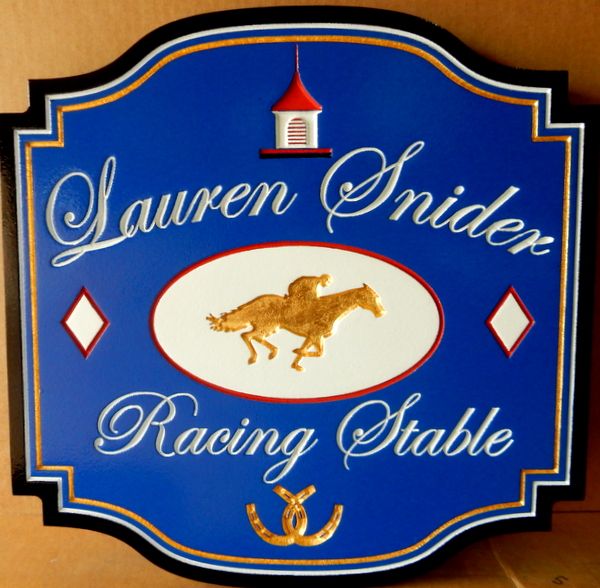 P25166 - Elegant Carved HDU Racing Stable Entrance Sign, with Gold-Leaf Horse & Jockey and Horseshoes 