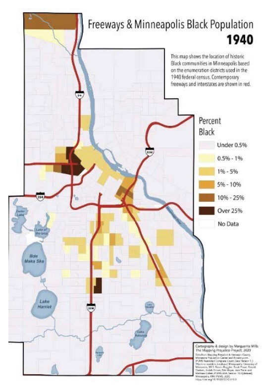 Minneapolis map showing the percentage of the Black population living near freeways