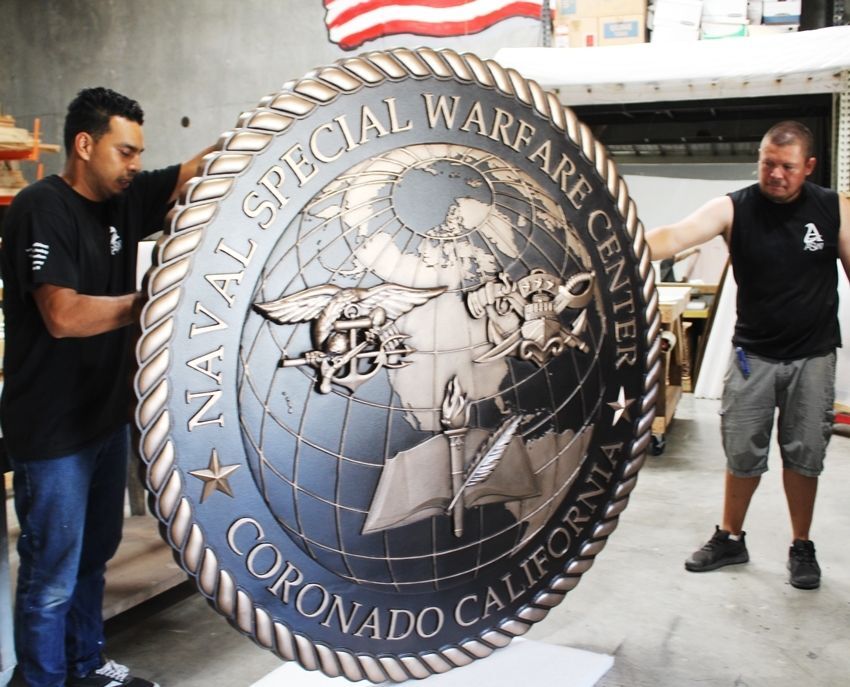 JP-1775 - Large Carved 3-D Bas-Relief Bronze-Plated HDU Plaque of the Seal of the Naval Special Warfare Center, Coronado, California