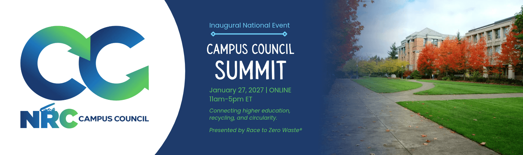 NRC Campus Council Summit event slider with time and date info. Nov 27, 2027, 11-5 eastern. Connecting higher education, recycling, & circularity.