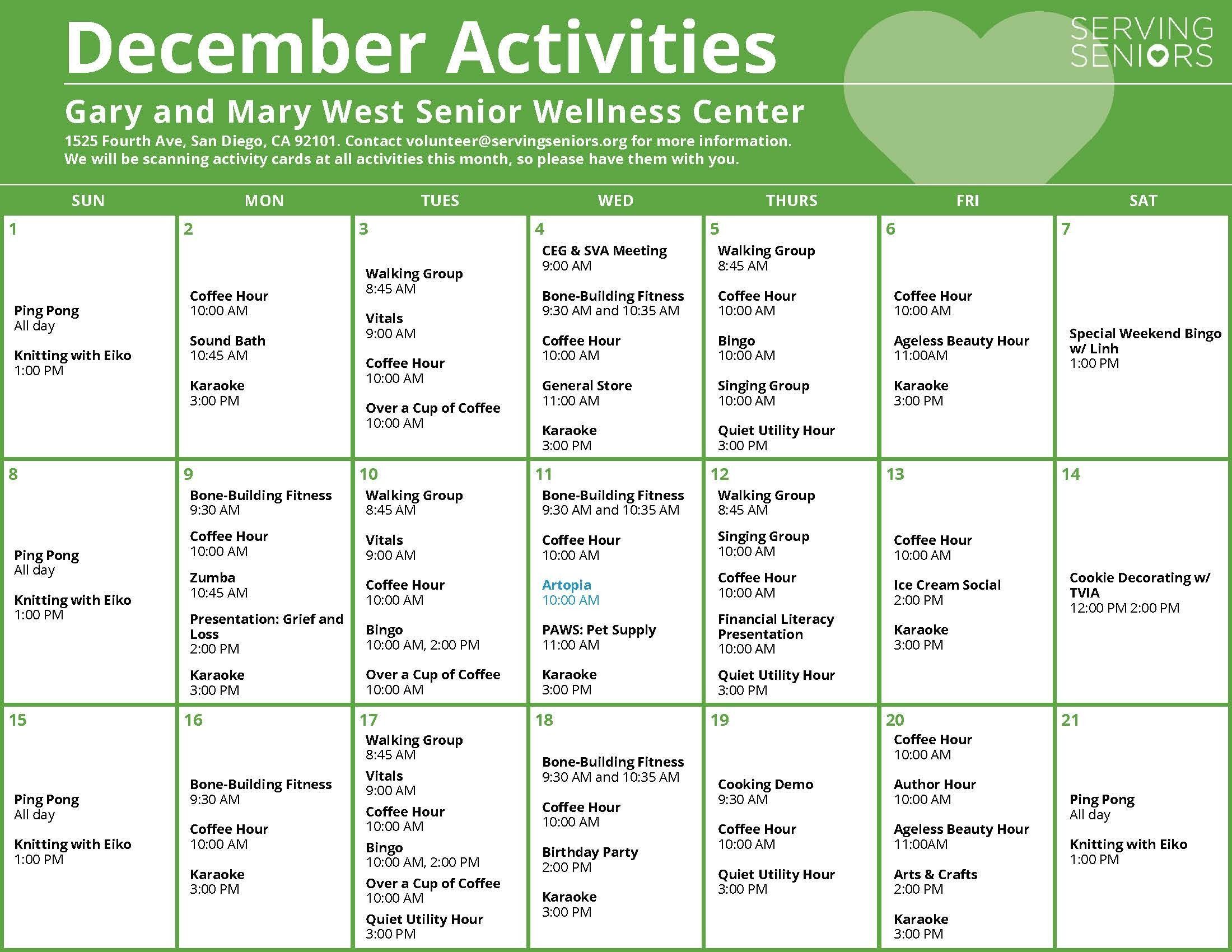 Click to download the Gary and Mary West Senior Wellness Center December Activities Calendar