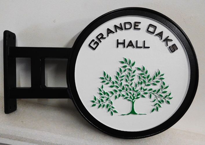 T29232 - Carved Sign made for the "Grand Oaks Hall" of an Inn, with Custom Wrought Iron Bracket for Mounting on a Wall